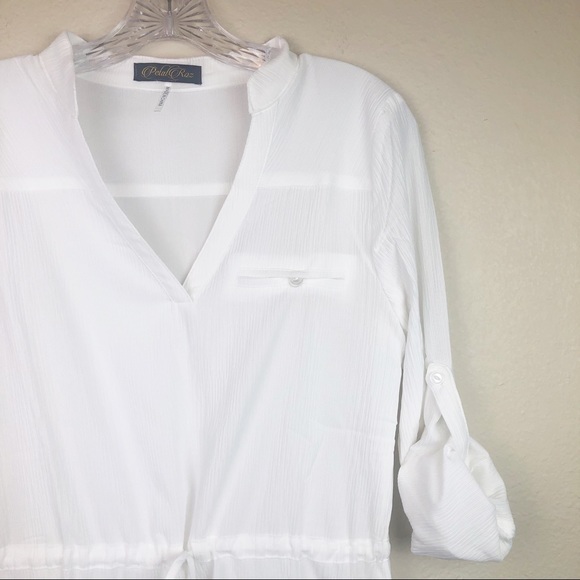 White Tunic V-Neck Waist Tie Mini Dress - Picture 2 of 8